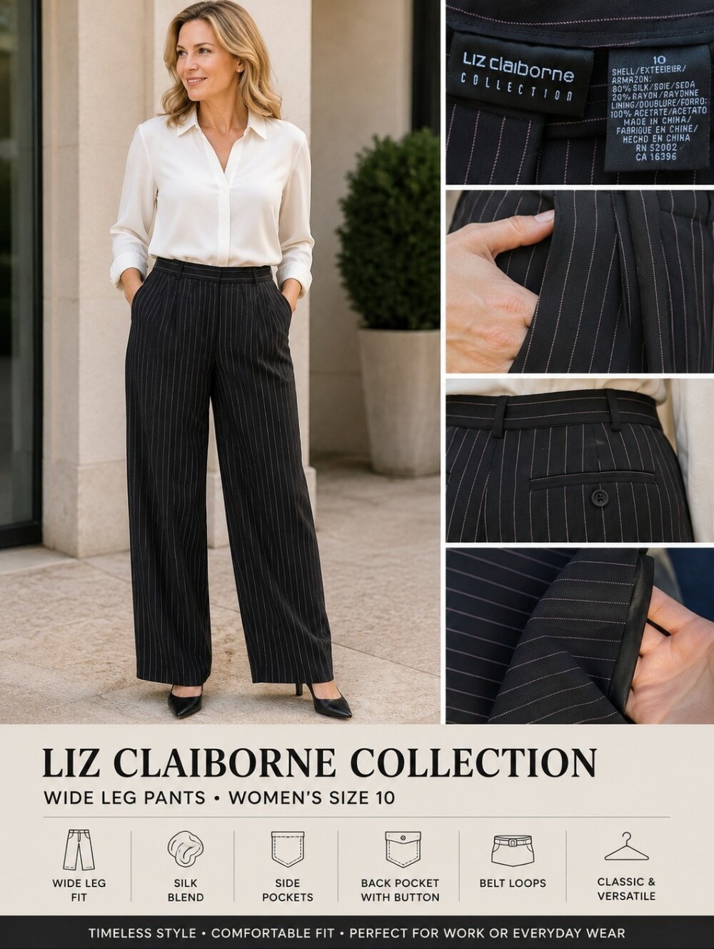 Liz Claiborne Collection Women Size 10 Pinstripe Wide Leg Dress Pants Silk Blend